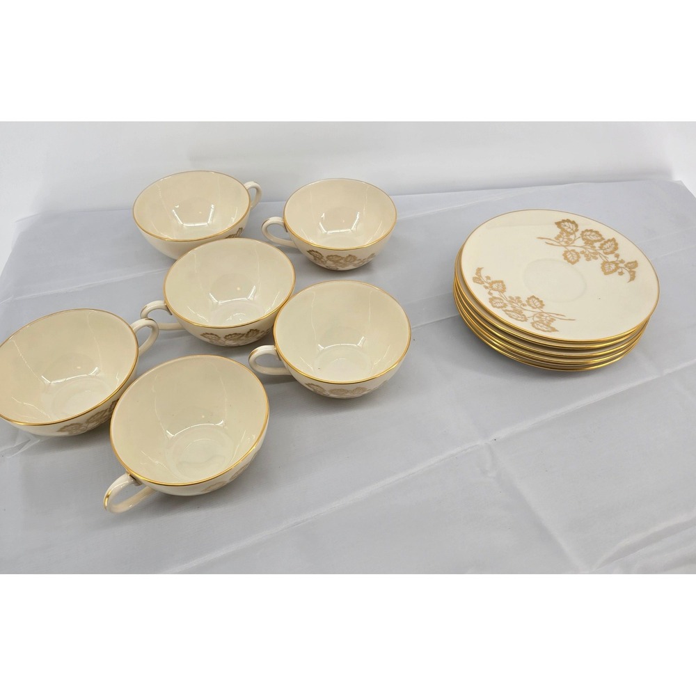 Lenox Celeste T-426 Tea Cup and Saucer Set of 6 Ivory Gold Leaf Bone China USA‎